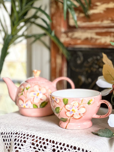 PINK FLORAL CONVERTIBLE STACKABLE TEAPOT & TEACUP SET BY MESA INTERNATIONAL Revive In Style Vintage Furniture Painted Refinished Redesign Beautiful One of a Kind Artistic Antique Unique Home Decor Interior Design French Country Shabby Chic Cottage Farmhouse Grandmillenial Coastal Chalk Paint Metallic Glam Eclectic Quality Dovetailed Rustic Furniture Painter Pinterest Bedroom Living Room Entryway Kitchen Home Trends House Styles Decorating ideas