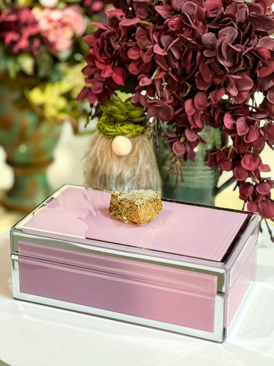 PINK GLASS TRINKET BOX WITH QUARTZ KNOB Revive In Style Vintage Furniture Painted Refinished Redesign Beautiful One of a Kind Artistic Antique Unique Home Decor Interior Design French Country Shabby Chic Cottage Farmhouse Grandmillenial Coastal Chalk Paint Metallic Glam Eclectic Quality Dovetailed Rustic Furniture Painter Pinterest Bedroom Living Room Entryway Kitchen Home Trends House Styles Decorating ideas