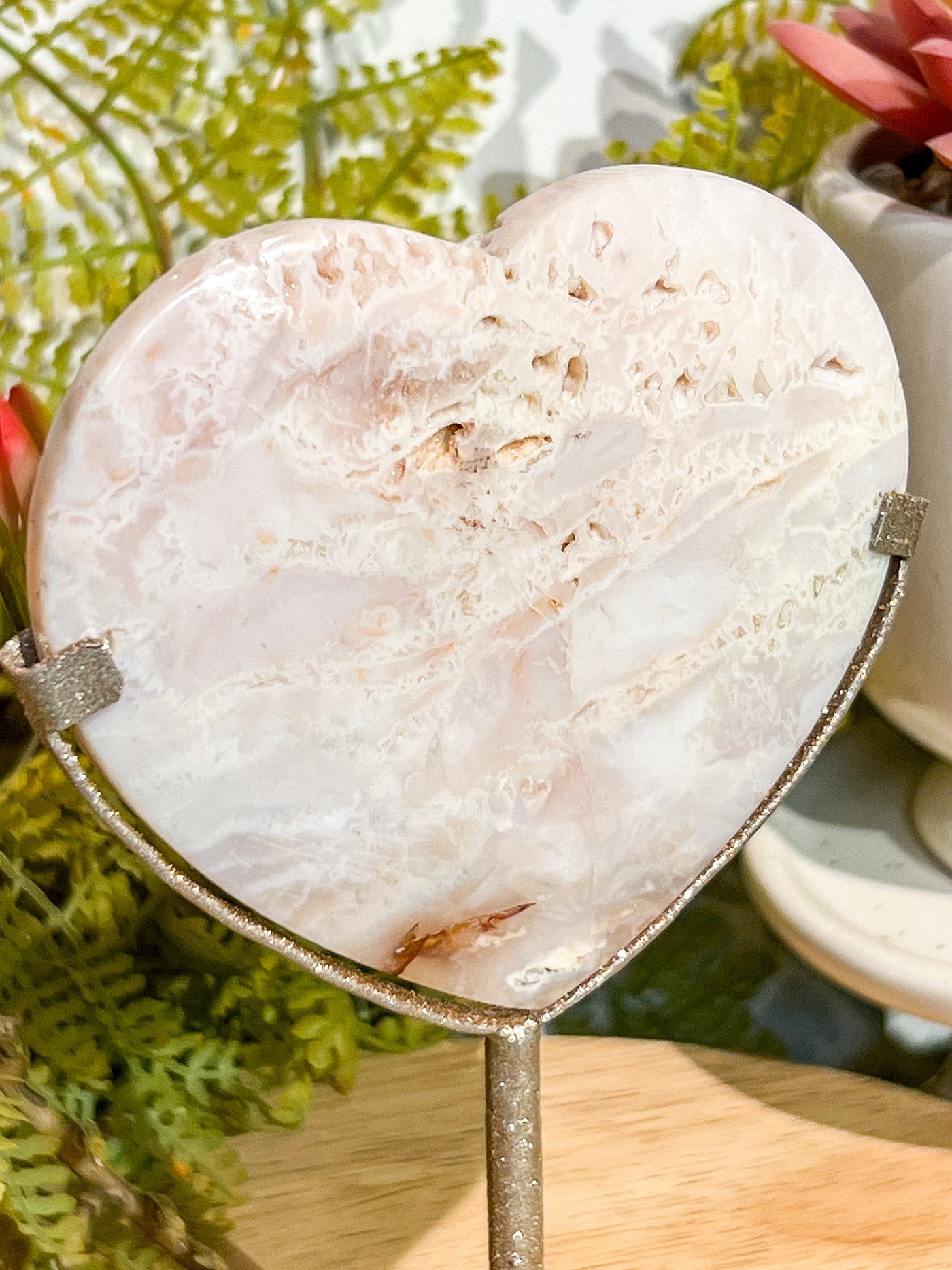 PINK PLUME AGATE HEART ON STAND Revive In Style Vintage Furniture Painted Refinished Redesign Beautiful One of a Kind Artistic Antique Unique Home Decor Interior Design French Country Shabby Chic Cottage Farmhouse Grandmillenial Coastal Chalk Paint Metallic Glam Eclectic Quality Dovetailed Rustic Furniture Painter Pinterest Bedroom Living Room Entryway Kitchen Home Trends House Styles Decorating ideas