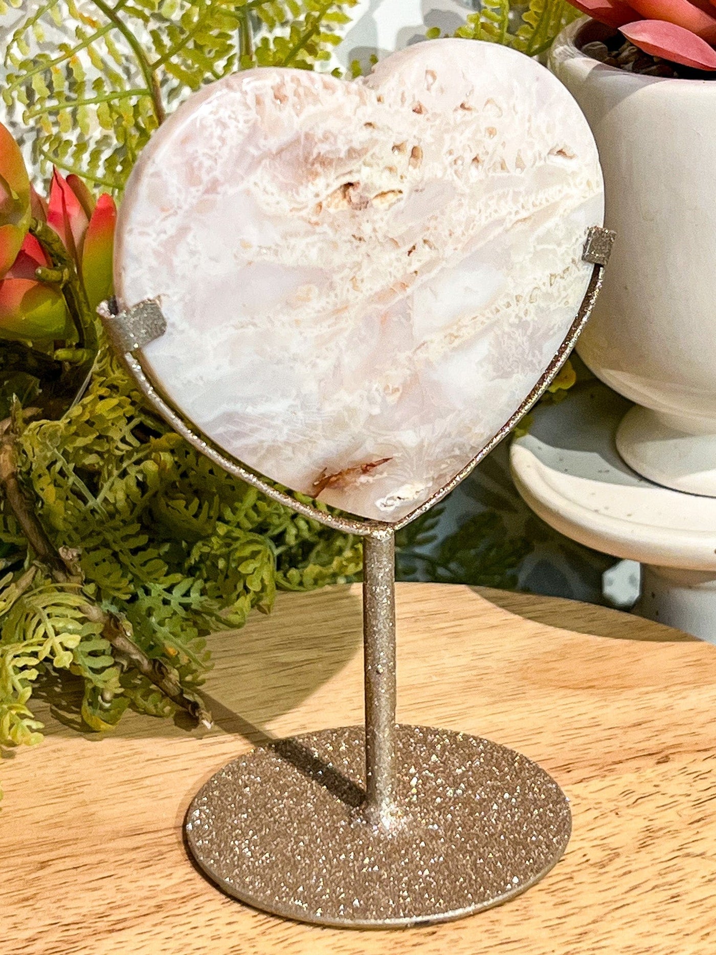 PINK PLUME AGATE HEART ON STAND Revive In Style Vintage Furniture Painted Refinished Redesign Beautiful One of a Kind Artistic Antique Unique Home Decor Interior Design French Country Shabby Chic Cottage Farmhouse Grandmillenial Coastal Chalk Paint Metallic Glam Eclectic Quality Dovetailed Rustic Furniture Painter Pinterest Bedroom Living Room Entryway Kitchen Home Trends House Styles Decorating ideas