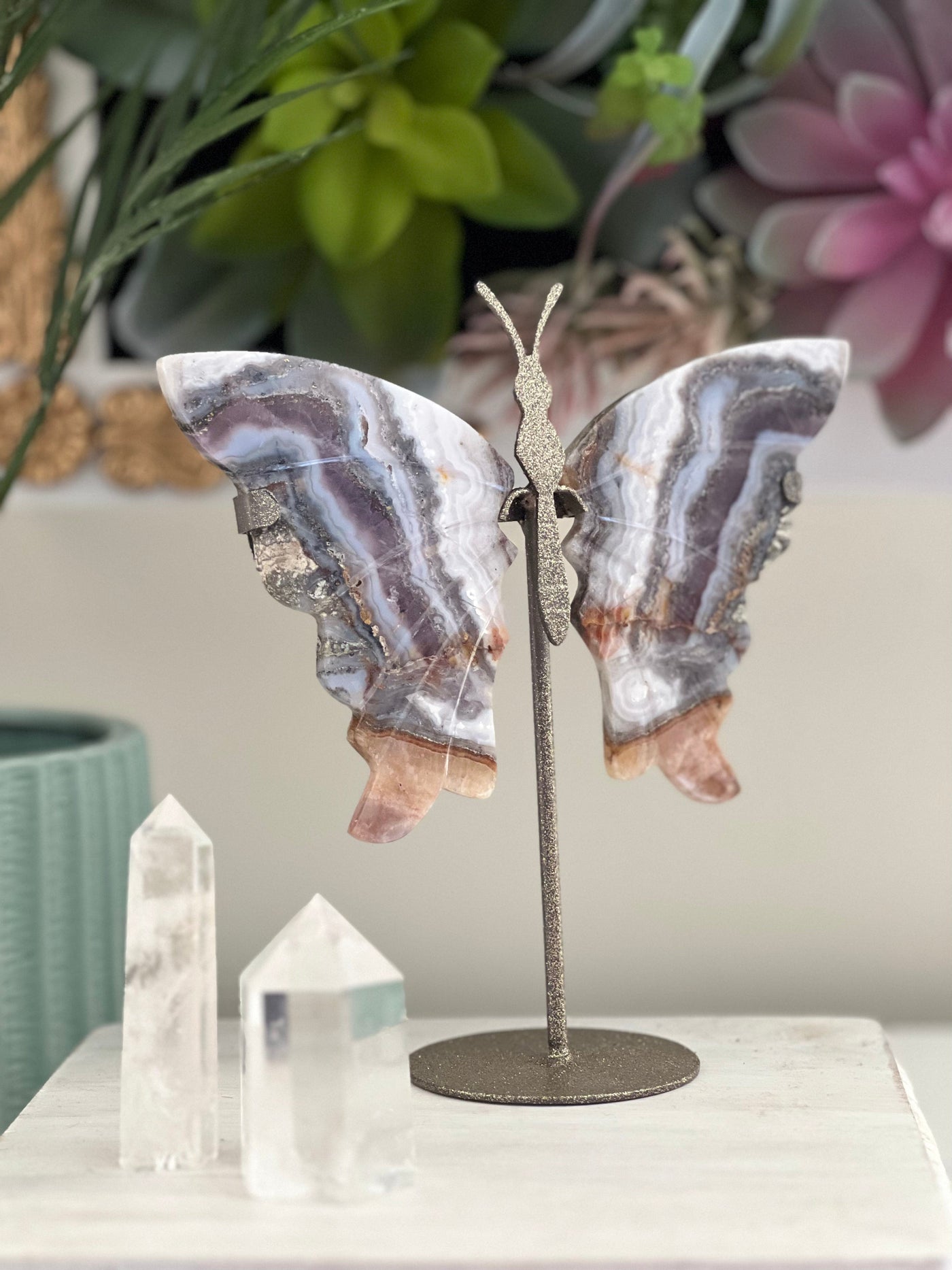 PURPLE CRAZY LACE AGATE BUTTERFLY WINGS ON STAND (RARE) Revive In Style Vintage Furniture Painted Refinished Redesign Beautiful One of a Kind Artistic Antique Unique Home Decor Interior Design French Country Shabby Chic Cottage Farmhouse Grandmillenial Coastal Chalk Paint Metallic Glam Eclectic Quality Dovetailed Rustic Furniture Painter Pinterest Bedroom Living Room Entryway Kitchen Home Trends House Styles Decorating ideas