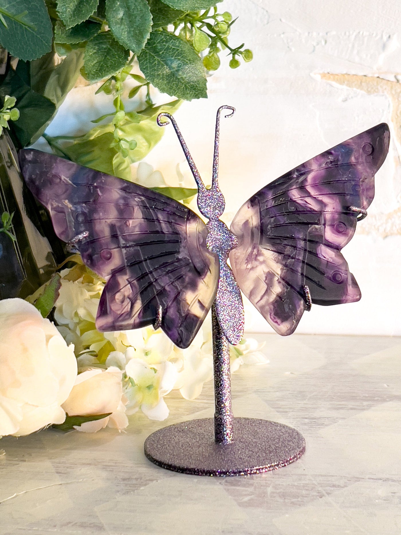 PURPLE FLUORITE BUTTERFLY WINGS ON SHIMMERY STAND Revive In Style Vintage Furniture Painted Refinished Redesign Beautiful One of a Kind Artistic Antique Unique Home Decor Interior Design French Country Shabby Chic Cottage Farmhouse Grandmillenial Coastal Chalk Paint Metallic Glam Eclectic Quality Dovetailed Rustic Furniture Painter Pinterest Bedroom Living Room Entryway Kitchen Home Trends House Styles Decorating ideas