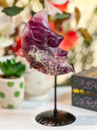 PURPLE FLUORITE MOONFACE ON STAND Revive In Style Vintage Furniture Painted Refinished Redesign Beautiful One of a Kind Artistic Antique Unique Home Decor Interior Design French Country Shabby Chic Cottage Farmhouse Grandmillenial Coastal Chalk Paint Metallic Glam Eclectic Quality Dovetailed Rustic Furniture Painter Pinterest Bedroom Living Room Entryway Kitchen Home Trends House Styles Decorating ideas