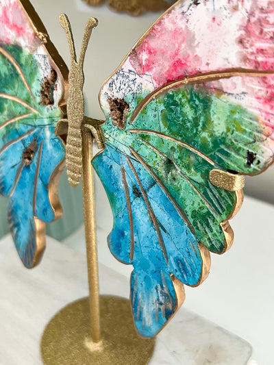 RAINBOW SNOW AGATE BUTTERFLY WINGS WITH GOLD LEAF ON SHIMMERY STAND (DYED) Revive In Style Vintage Furniture Painted Refinished Redesign Beautiful One of a Kind Artistic Antique Unique Home Decor Interior Design French Country Shabby Chic Cottage Farmhouse Grandmillenial Coastal Chalk Paint Metallic Glam Eclectic Quality Dovetailed Rustic Furniture Painter Pinterest Bedroom Living Room Entryway Kitchen Home Trends House Styles Decorating ideas