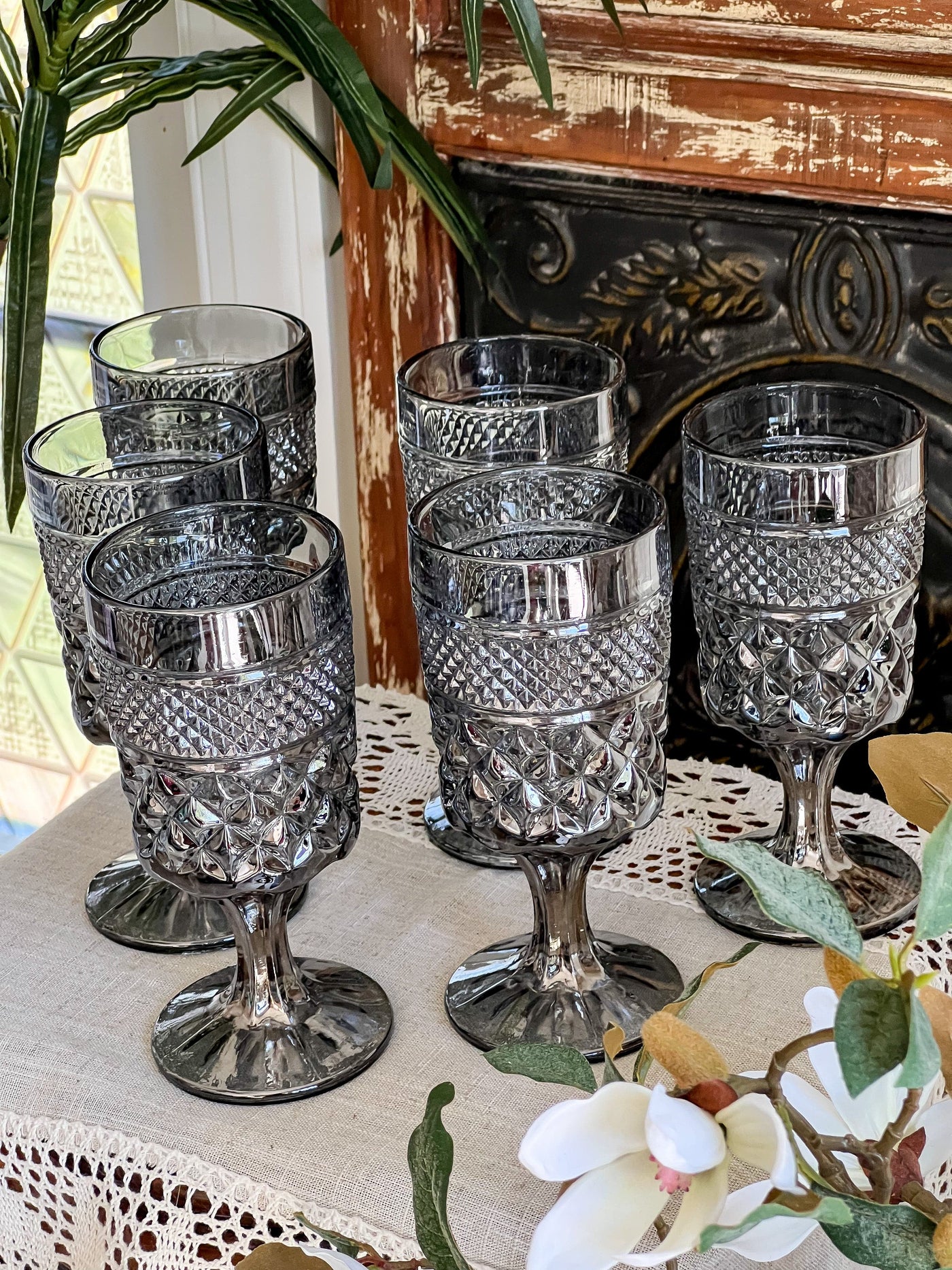 Set of 6 Vintage Anchor Hocking Wexford Water Glasses / Wine Goblets in Rare Smoke Metallic Revive In Style Vintage Furniture Painted Refinished Redesign Beautiful One of a Kind Artistic Antique Unique Home Decor Interior Design French Country Shabby Chic Cottage Farmhouse Grandmillenial Coastal Chalk Paint Metallic Glam Eclectic Quality Dovetailed Rustic Furniture Painter Pinterest Bedroom Living Room Entryway Kitchen Home Trends House Styles Decorating ideas
