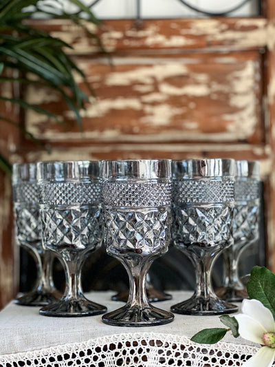 Set of 6 Vintage Anchor Hocking Wexford Water Glasses / Wine Goblets in Rare Smoke Metallic Revive In Style Vintage Furniture Painted Refinished Redesign Beautiful One of a Kind Artistic Antique Unique Home Decor Interior Design French Country Shabby Chic Cottage Farmhouse Grandmillenial Coastal Chalk Paint Metallic Glam Eclectic Quality Dovetailed Rustic Furniture Painter Pinterest Bedroom Living Room Entryway Kitchen Home Trends House Styles Decorating ideas