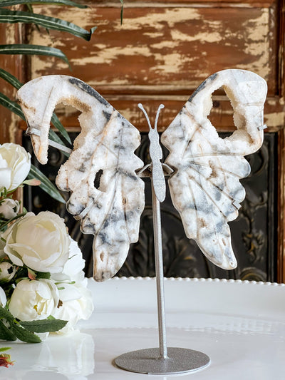 SPHALERITE WITH DRUZY BUTTERFLY WINGS ON SHIMMERY STANDS Revive In Style Vintage Furniture Painted Refinished Redesign Beautiful One of a Kind Artistic Antique Unique Home Decor Interior Design French Country Shabby Chic Cottage Farmhouse Grandmillenial Coastal Chalk Paint Metallic Glam Eclectic Quality Dovetailed Rustic Furniture Painter Pinterest Bedroom Living Room Entryway Kitchen Home Trends House Styles Decorating ideas