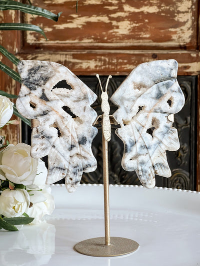 SPHALERITE WITH DRUZY BUTTERFLY WINGS ON SHIMMERY STANDS Revive In Style Vintage Furniture Painted Refinished Redesign Beautiful One of a Kind Artistic Antique Unique Home Decor Interior Design French Country Shabby Chic Cottage Farmhouse Grandmillenial Coastal Chalk Paint Metallic Glam Eclectic Quality Dovetailed Rustic Furniture Painter Pinterest Bedroom Living Room Entryway Kitchen Home Trends House Styles Decorating ideas