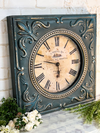 TEAL DISTRESSED ORNATE METAL WALL CLOCK BY UTTERMOST Revive In Style Vintage Furniture Painted Refinished Redesign Beautiful One of a Kind Artistic Antique Unique Home Decor Interior Design French Country Shabby Chic Cottage Farmhouse Grandmillenial Coastal Chalk Paint Metallic Glam Eclectic Quality Dovetailed Rustic Furniture Painter Pinterest Bedroom Living Room Entryway Kitchen Home Trends House Styles Decorating ideas