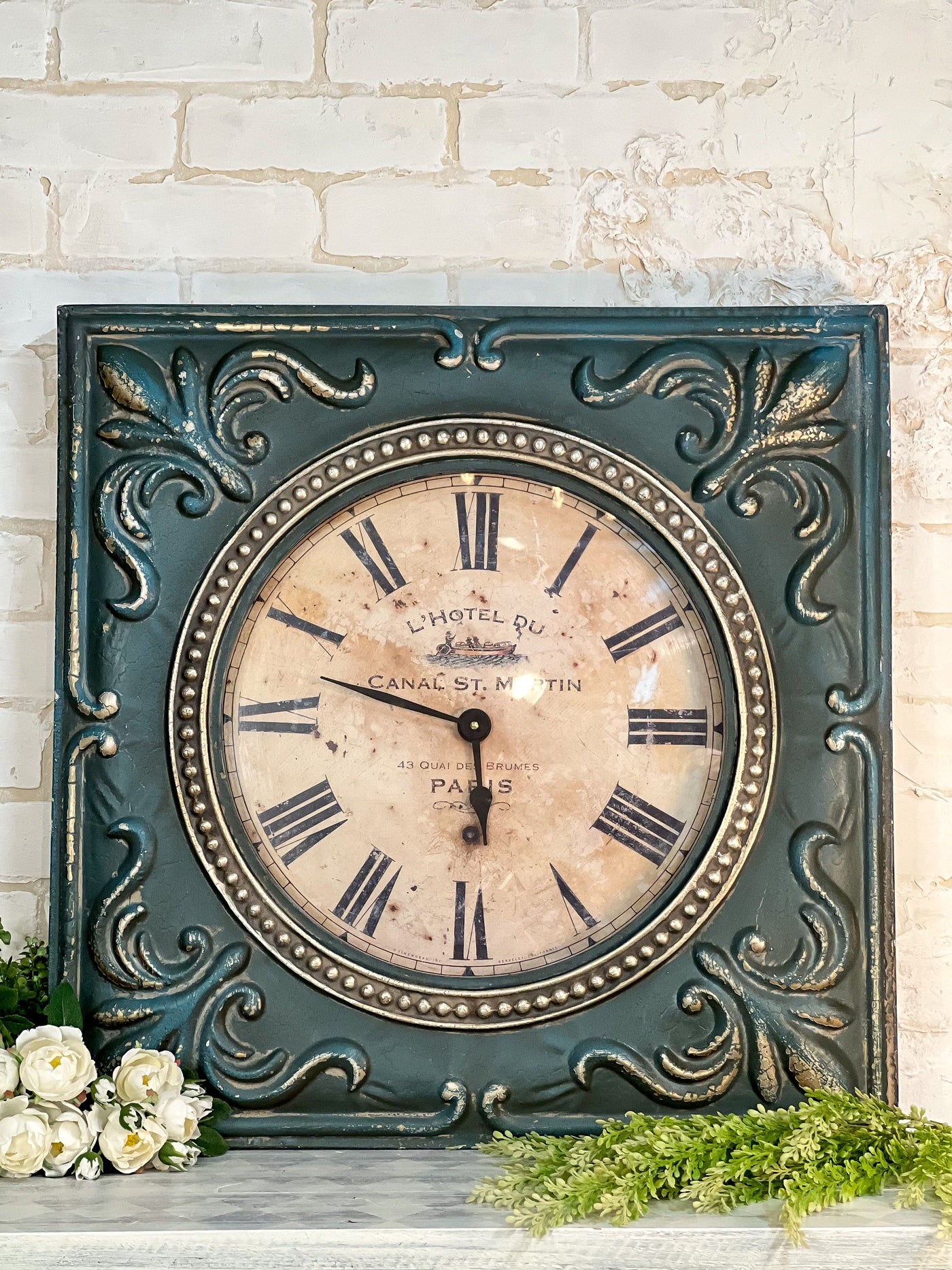 TEAL DISTRESSED ORNATE METAL WALL CLOCK BY UTTERMOST Revive In Style Vintage Furniture Painted Refinished Redesign Beautiful One of a Kind Artistic Antique Unique Home Decor Interior Design French Country Shabby Chic Cottage Farmhouse Grandmillenial Coastal Chalk Paint Metallic Glam Eclectic Quality Dovetailed Rustic Furniture Painter Pinterest Bedroom Living Room Entryway Kitchen Home Trends House Styles Decorating ideas