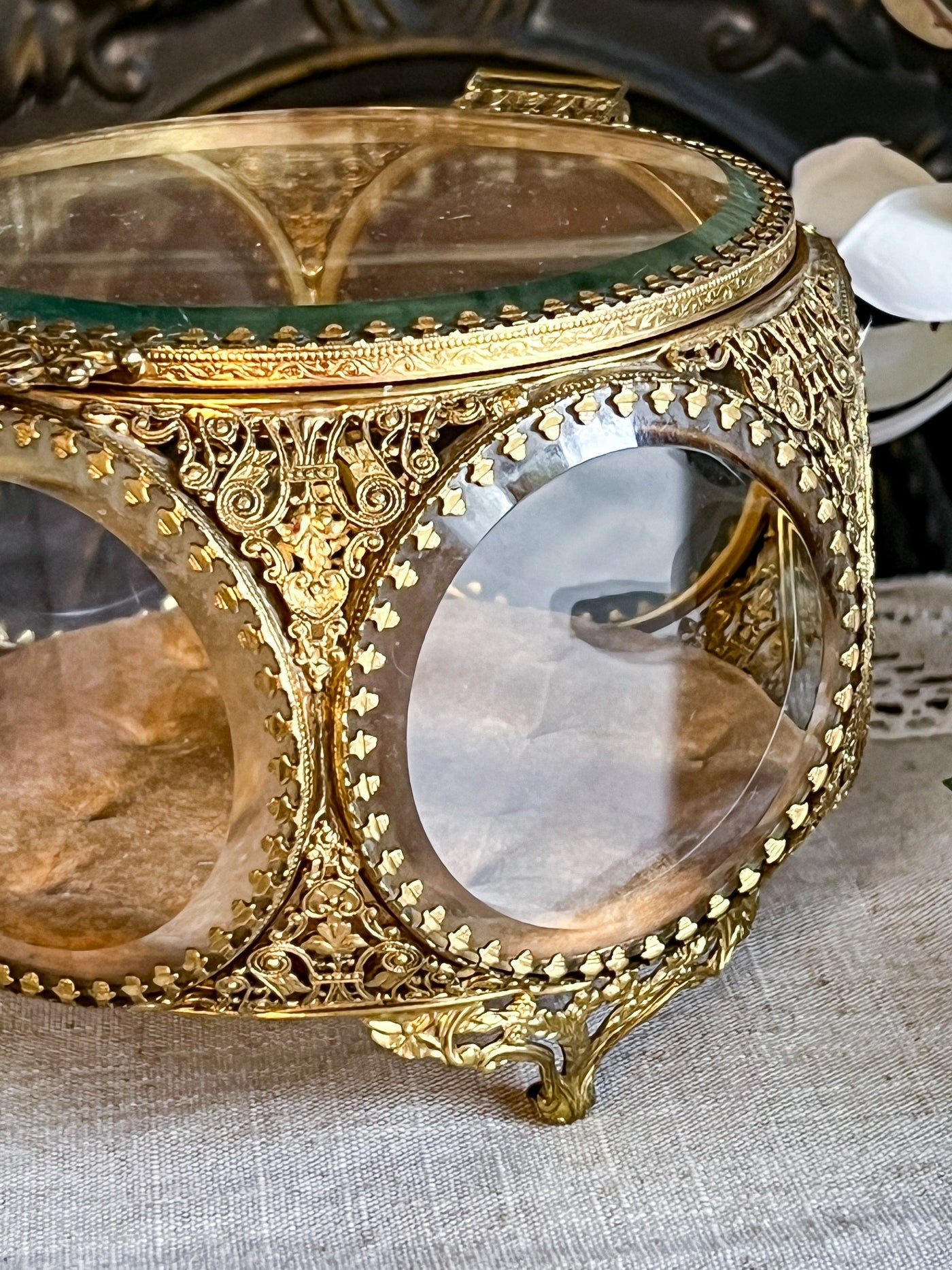 VINTAGE BEVELED GLASS ORMOLU JEWELRY CASKET Revive In Style Vintage Furniture Painted Refinished Redesign Beautiful One of a Kind Artistic Antique Unique Home Decor Interior Design French Country Shabby Chic Cottage Farmhouse Grandmillenial Coastal Chalk Paint Metallic Glam Eclectic Quality Dovetailed Rustic Furniture Painter Pinterest Bedroom Living Room Entryway Kitchen Home Trends House Styles Decorating ideas