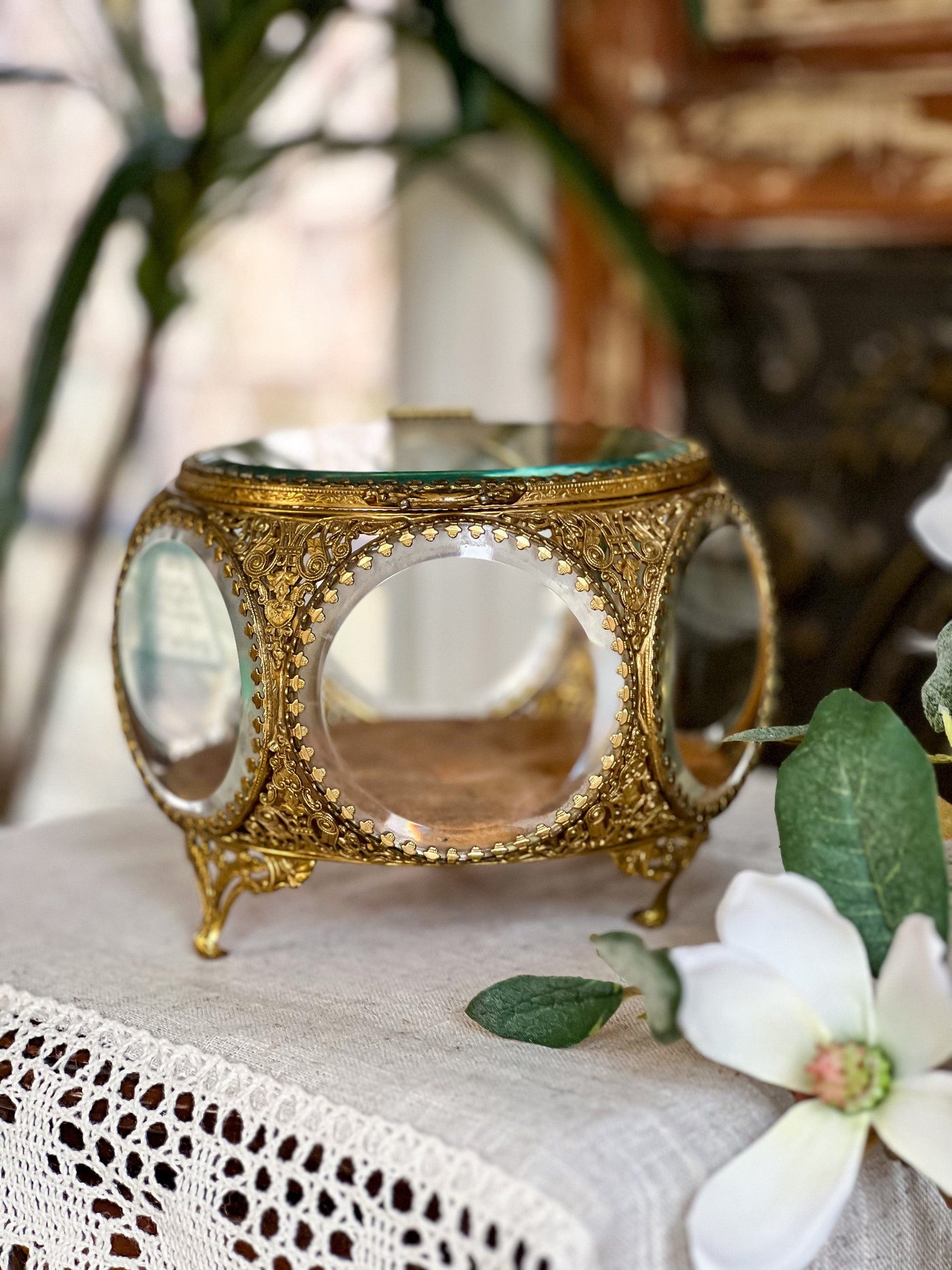 VINTAGE BEVELED GLASS ORMOLU JEWELRY CASKET Revive In Style Vintage Furniture Painted Refinished Redesign Beautiful One of a Kind Artistic Antique Unique Home Decor Interior Design French Country Shabby Chic Cottage Farmhouse Grandmillenial Coastal Chalk Paint Metallic Glam Eclectic Quality Dovetailed Rustic Furniture Painter Pinterest Bedroom Living Room Entryway Kitchen Home Trends House Styles Decorating ideas