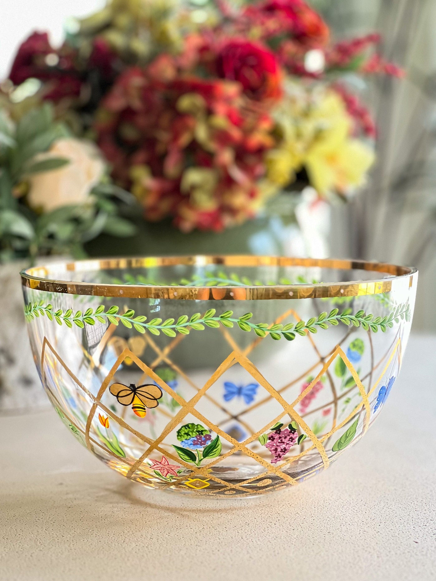 VINTAGE GLASS BOWL WITH HAND-PAINTED FLORALS, BEES & BUTTERFLIES WITH GOLD TRIM BY LENOX Revive In Style Vintage Furniture Painted Refinished Redesign Beautiful One of a Kind Artistic Antique Unique Home Decor Interior Design French Country Shabby Chic Cottage Farmhouse Grandmillenial Coastal Chalk Paint Metallic Glam Eclectic Quality Dovetailed Rustic Furniture Painter Pinterest Bedroom Living Room Entryway Kitchen Home Trends House Styles Decorating ideas