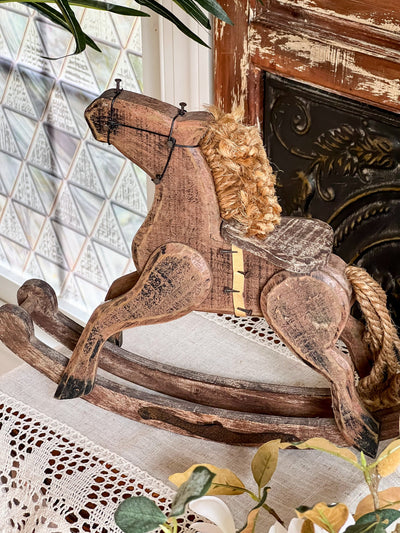 Vintage Inspired Wooden Rocking Horse Revive In Style Vintage Furniture Painted Refinished Redesign Beautiful One of a Kind Artistic Antique Unique Home Decor Interior Design French Country Shabby Chic Cottage Farmhouse Grandmillenial Coastal Chalk Paint Metallic Glam Eclectic Quality Dovetailed Rustic Furniture Painter Pinterest Bedroom Living Room Entryway Kitchen Home Trends House Styles Decorating ideas