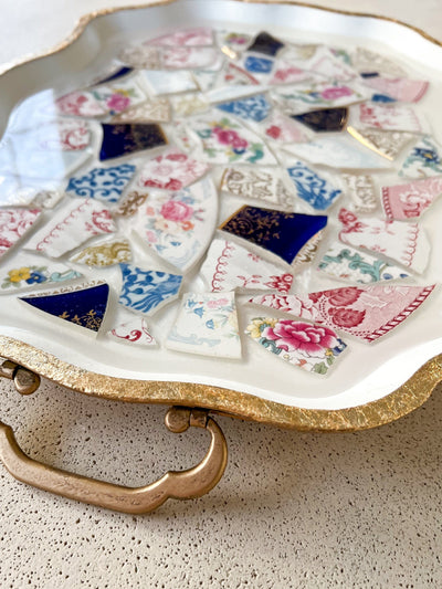 VINTAGE PORCELAIN MOSAIC TRAY - CURVY Revive In Style Vintage Furniture Painted Refinished Redesign Beautiful One of a Kind Artistic Antique Unique Home Decor Interior Design French Country Shabby Chic Cottage Farmhouse Grandmillenial Coastal Chalk Paint Metallic Glam Eclectic Quality Dovetailed Rustic Furniture Painter Pinterest Bedroom Living Room Entryway Kitchen Home Trends House Styles Decorating ideas