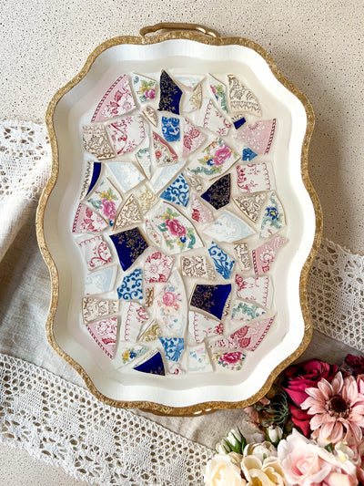 VINTAGE PORCELAIN MOSAIC TRAY - CURVY Revive In Style Vintage Furniture Painted Refinished Redesign Beautiful One of a Kind Artistic Antique Unique Home Decor Interior Design French Country Shabby Chic Cottage Farmhouse Grandmillenial Coastal Chalk Paint Metallic Glam Eclectic Quality Dovetailed Rustic Furniture Painter Pinterest Bedroom Living Room Entryway Kitchen Home Trends House Styles Decorating ideas