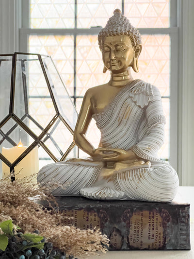 WHITE AND GOLD BUDDHA Revive In Style Vintage Furniture Painted Refinished Redesign Beautiful One of a Kind Artistic Antique Unique Home Decor Interior Design French Country Shabby Chic Cottage Farmhouse Grandmillenial Coastal Chalk Paint Metallic Glam Eclectic Quality Dovetailed Rustic Furniture Painter Pinterest Bedroom Living Room Entryway Kitchen Home Trends House Styles Decorating ideas
