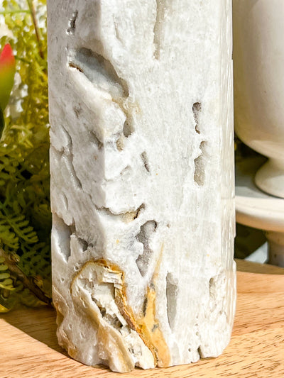 WHITE MEXICAN AGATE TOWER WITH DRUZY Revive In Style Vintage Furniture Painted Refinished Redesign Beautiful One of a Kind Artistic Antique Unique Home Decor Interior Design French Country Shabby Chic Cottage Farmhouse Grandmillenial Coastal Chalk Paint Metallic Glam Eclectic Quality Dovetailed Rustic Furniture Painter Pinterest Bedroom Living Room Entryway Kitchen Home Trends House Styles Decorating ideas