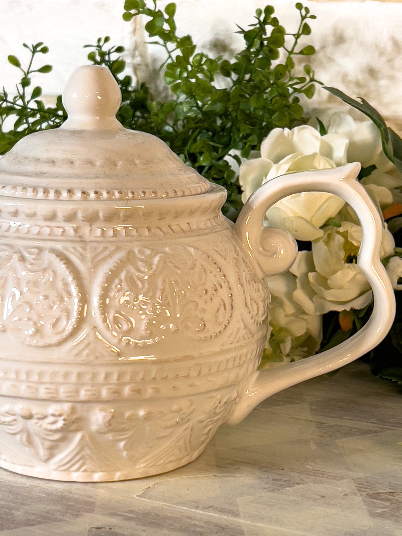 WHITE RAISED PATTERNED TEAPOT Revive In Style Vintage Furniture Painted Refinished Redesign Beautiful One of a Kind Artistic Antique Unique Home Decor Interior Design French Country Shabby Chic Cottage Farmhouse Grandmillenial Coastal Chalk Paint Metallic Glam Eclectic Quality Dovetailed Rustic Furniture Painter Pinterest Bedroom Living Room Entryway Kitchen Home Trends House Styles Decorating ideas