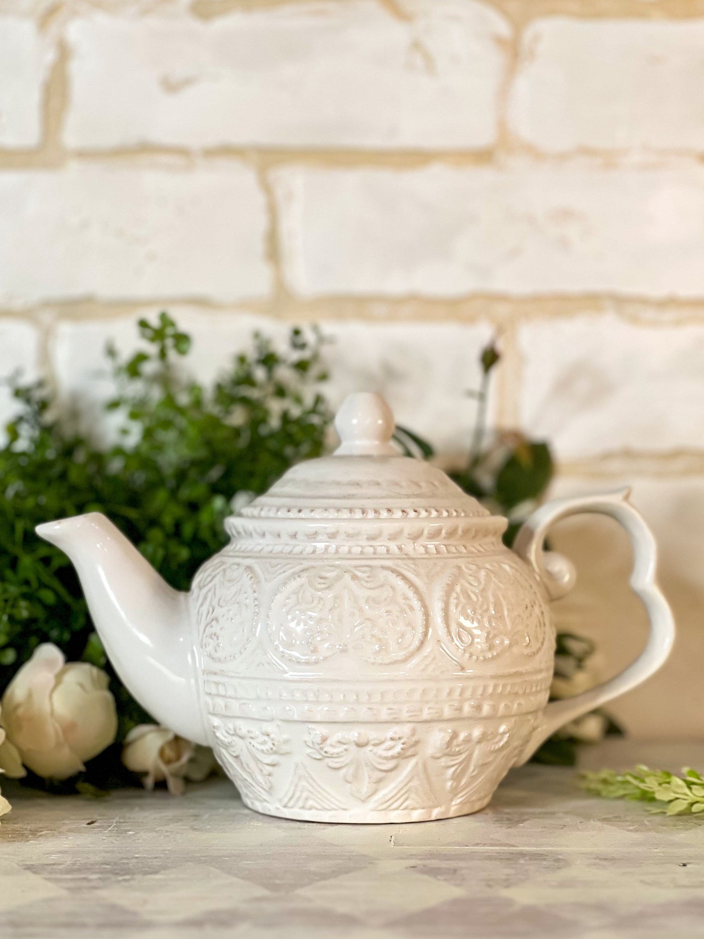 WHITE RAISED PATTERNED TEAPOT Revive In Style Vintage Furniture Painted Refinished Redesign Beautiful One of a Kind Artistic Antique Unique Home Decor Interior Design French Country Shabby Chic Cottage Farmhouse Grandmillenial Coastal Chalk Paint Metallic Glam Eclectic Quality Dovetailed Rustic Furniture Painter Pinterest Bedroom Living Room Entryway Kitchen Home Trends House Styles Decorating ideas
