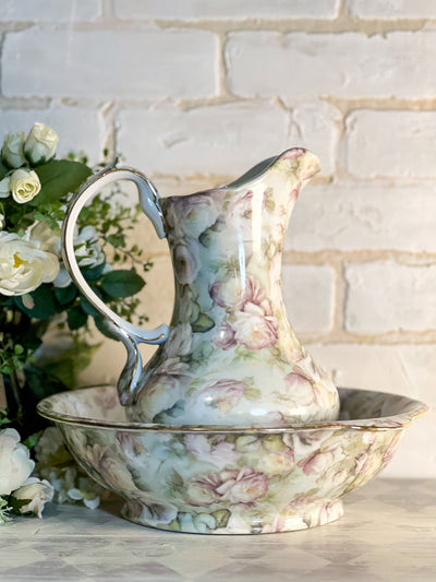 White Rose Chintz Vintage Pitcher & Basin Revive In Style Vintage Furniture Painted Refinished Redesign Beautiful One of a Kind Artistic Antique Unique Home Decor Interior Design French Country Shabby Chic Cottage Farmhouse Grandmillenial Coastal Chalk Paint Metallic Glam Eclectic Quality Dovetailed Rustic Furniture Painter Pinterest Bedroom Living Room Entryway Kitchen Home Trends House Styles Decorating ideas