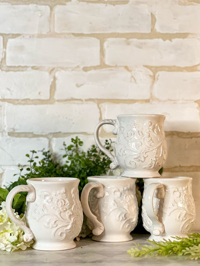 WHITE SCROLLED DESIGN MUGS (4) Revive In Style Vintage Furniture Painted Refinished Redesign Beautiful One of a Kind Artistic Antique Unique Home Decor Interior Design French Country Shabby Chic Cottage Farmhouse Grandmillenial Coastal Chalk Paint Metallic Glam Eclectic Quality Dovetailed Rustic Furniture Painter Pinterest Bedroom Living Room Entryway Kitchen Home Trends House Styles Decorating ideas