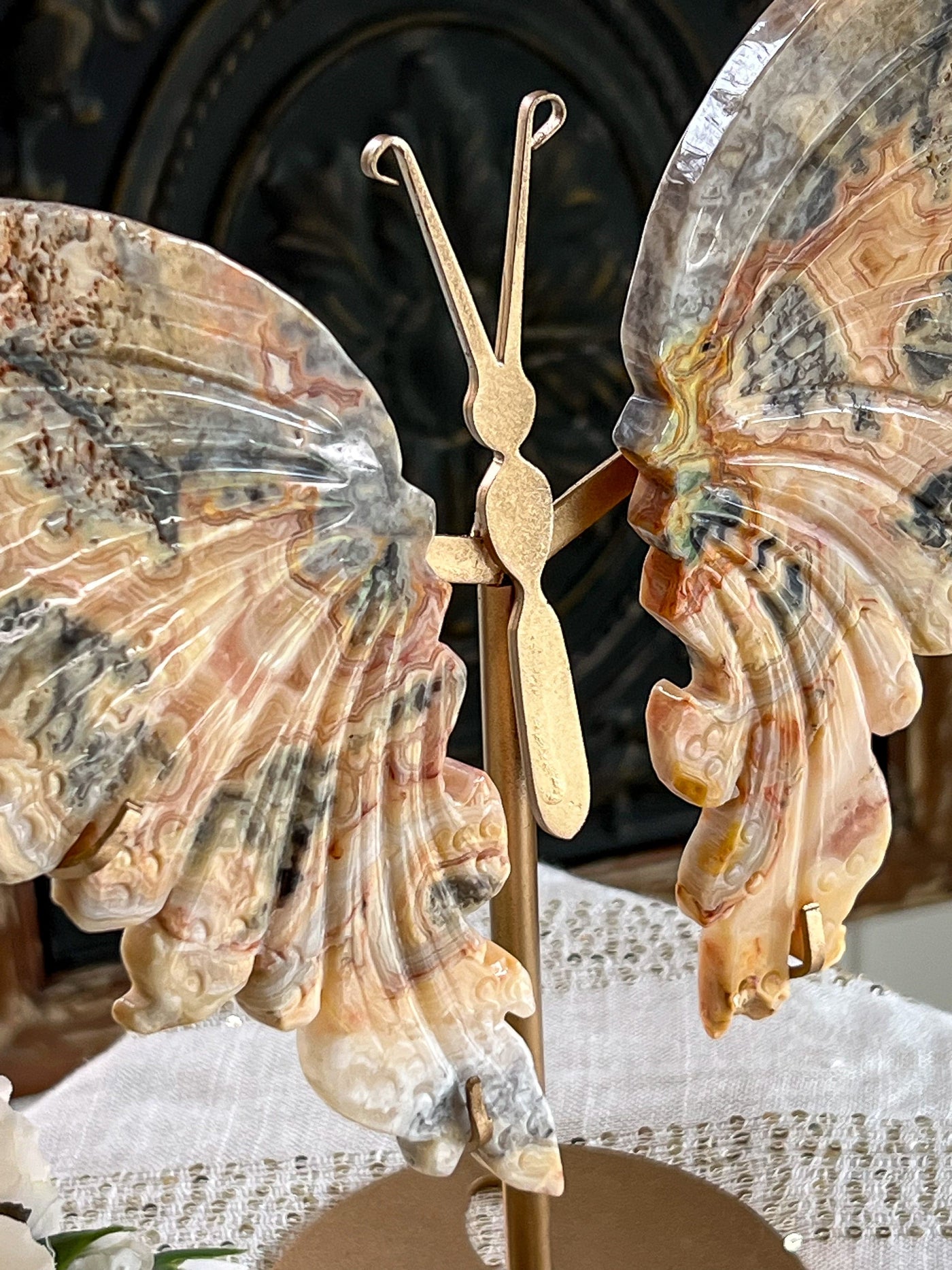 YELLOW CRAZY LACE AGATE BUTTERFLY WINGS ON STAND Revive In Style Vintage Furniture Painted Refinished Redesign Beautiful One of a Kind Artistic Antique Unique Home Decor Interior Design French Country Shabby Chic Cottage Farmhouse Grandmillenial Coastal Chalk Paint Metallic Glam Eclectic Quality Dovetailed Rustic Furniture Painter Pinterest Bedroom Living Room Entryway Kitchen Home Trends House Styles Decorating ideas